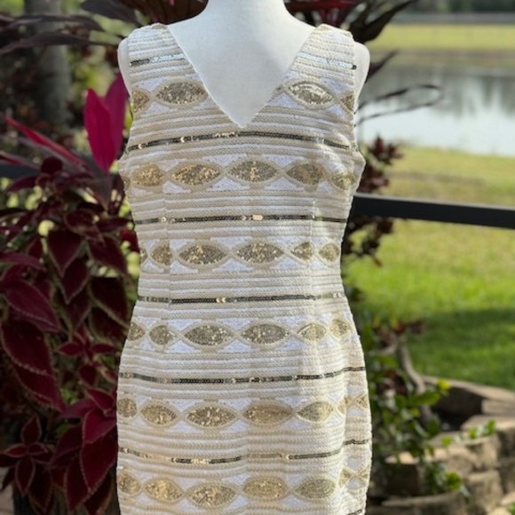 ADORE Women's Sleeveless Ivory/Gold/Silver Sequins Dress Size XL - Picture 7 of 12